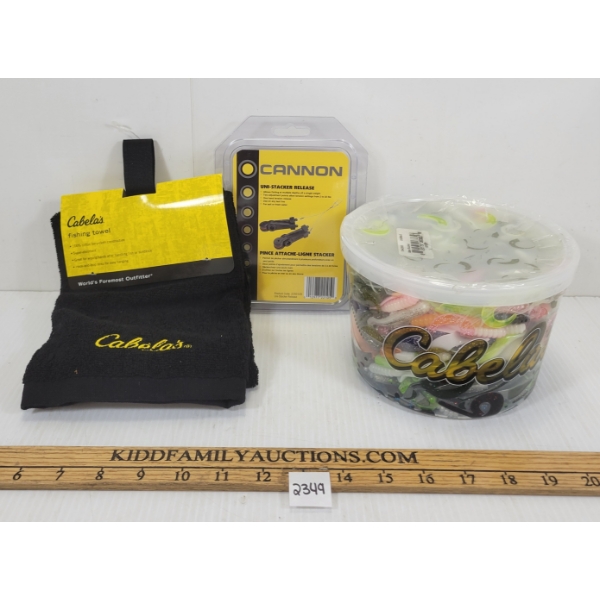 LOT OF 3 - FISHING TOWEL, CANNON UNI-STACKER RELEASE & BASS BUCKET