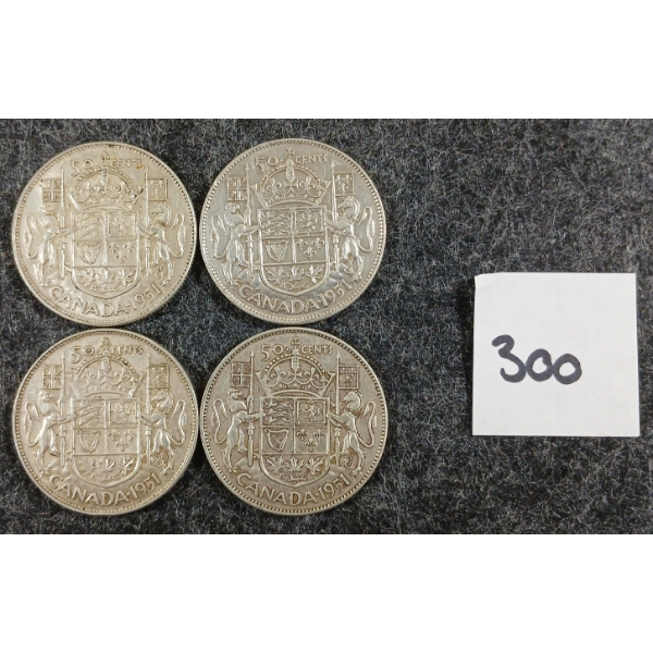 LOT OF 4 - 1951 CDN 50 CENT SILVER COINS