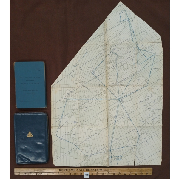 LOT OF 3 - R.C.A.F FLYING LOGBOOK, MAP & ZIPPED LEATHER POUCH