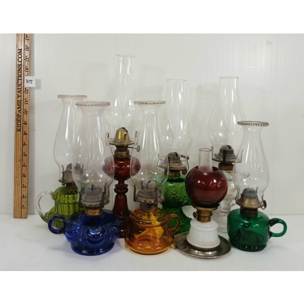 LOT OF 8 - OIL LAMPS - INCL GREEN DEPRESSION GLASS & RUBY, ETC.
