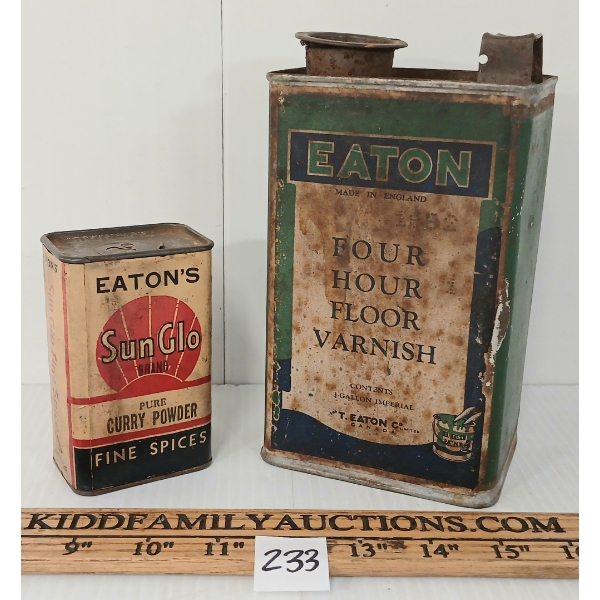 LOT OF 2 - EATON'S SUN GLO CURRY POWDER & 4 HOUR FLOOR VARNISH - 4-1/4OZ & 1GAL TINS