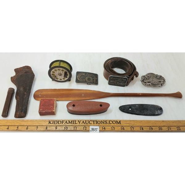 JOB LOT - VINTAGE FISHING REEL, LEATHER BELT & BUCKLES, BUTT PLATES, POWDER MEASURER, ETC