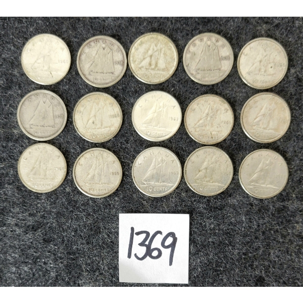 LOT OF 15 - 1938-1968 CDN SILVER DIMES