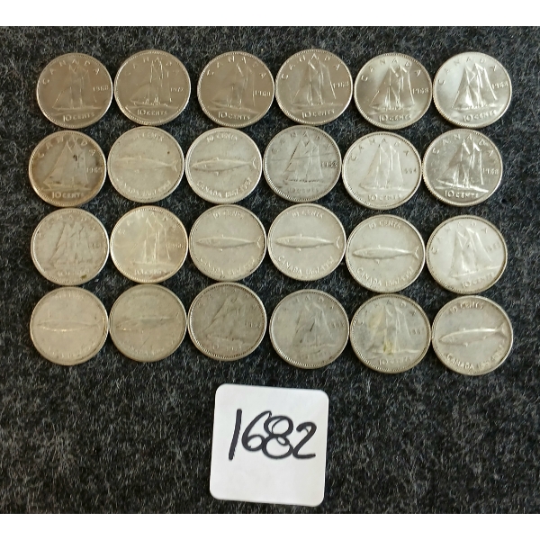 LOT OF 24 - 1953-1972 CDN 10 CENT COINS