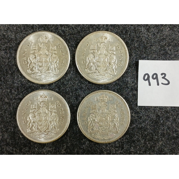 LOT OF 4 - 1961 CDN 50 CENT SILVER COINS
