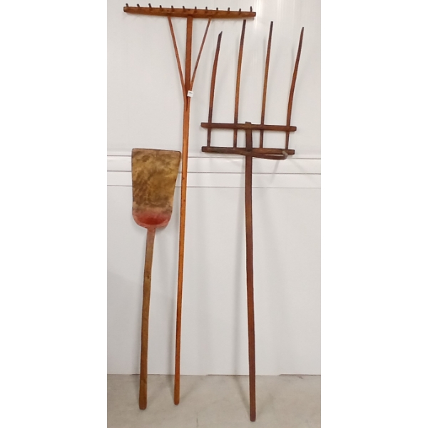 LOT OF 3 - PRIMITIVE WOODER SHOVEL, RAKE & ADZE HAMMER