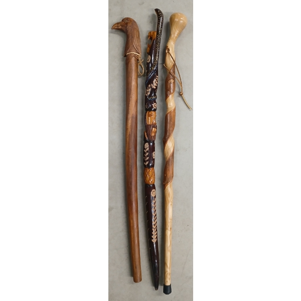 LOT OF 3 - WOOD CARVED CANES