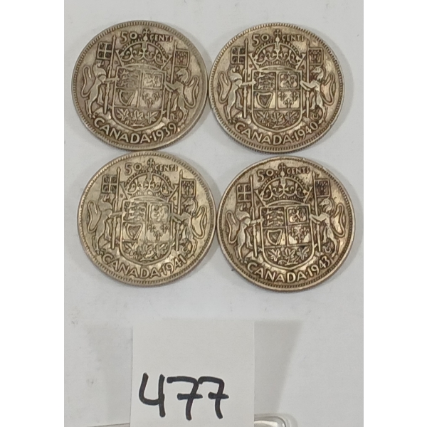 LOT OF 4 - CDN 50 CENT SILVER PCS - INCL 1939, 1940 & 1941