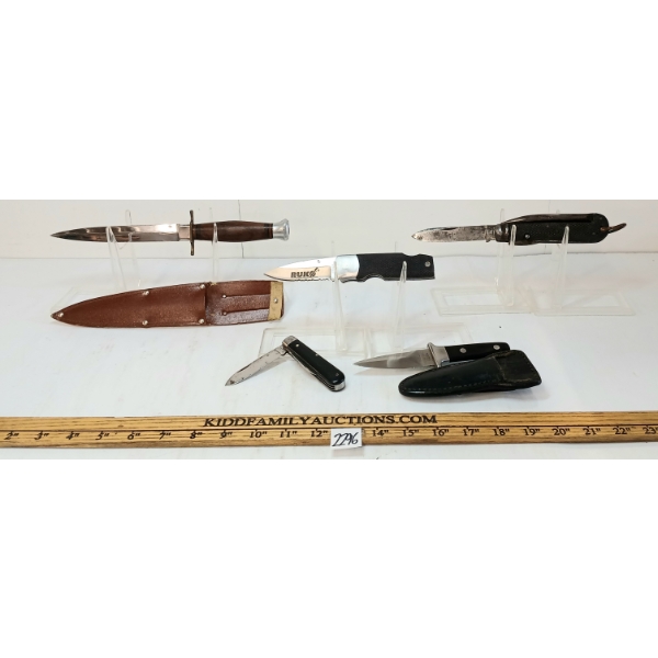 LOT OF 5 - FOLDING & FIXED BLADE KNIVES W/ SHEATHS
