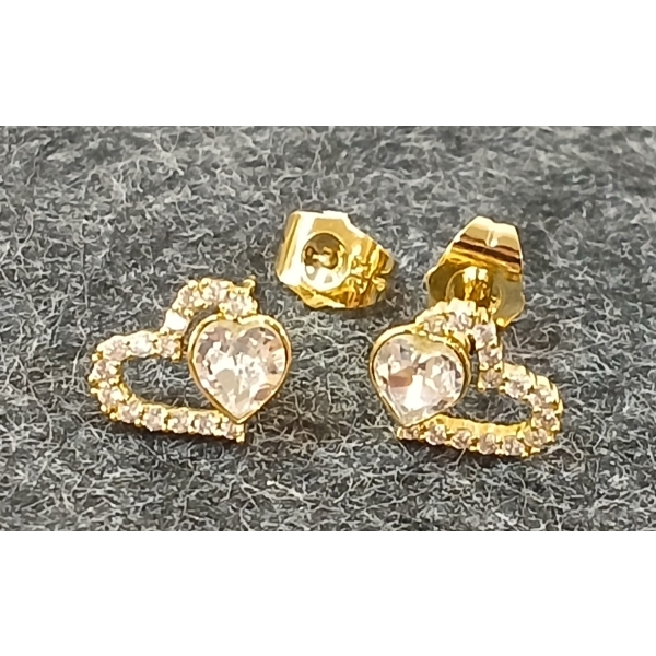 PAIR OF SIMULATED DIAMOND & GOLD PLATED HEART STUD EARRINGS