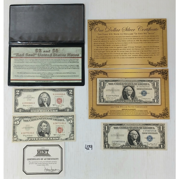 LOT OF 2 - FCM 1963 U.S. $2 & $5 RED SEAL BANKNOTES & U.S. $1 SILVER CERTIFICATE