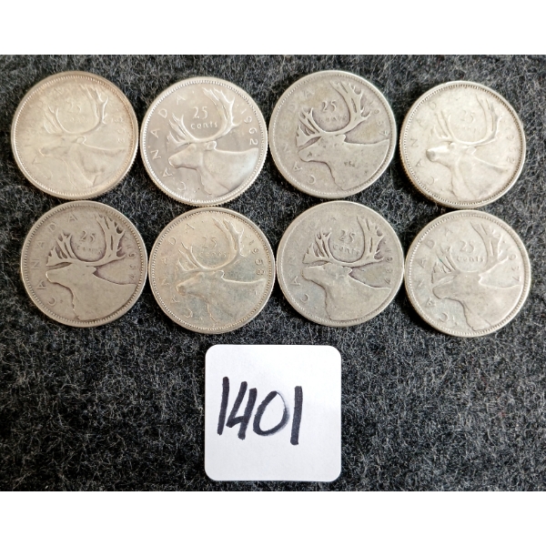 LOT OF 8 - 1937-1968 CDN 25 CENT COINS