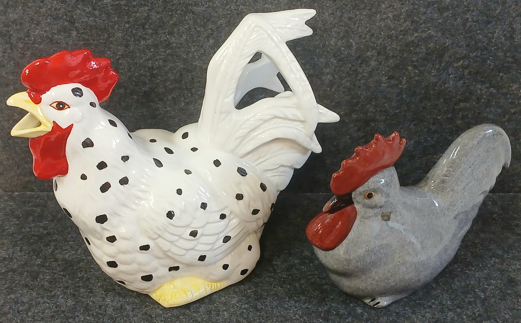 LOT OF 2 - BERGSHRUND ROOSTER TEAPOT & GREY ROOSTER - C. 1990