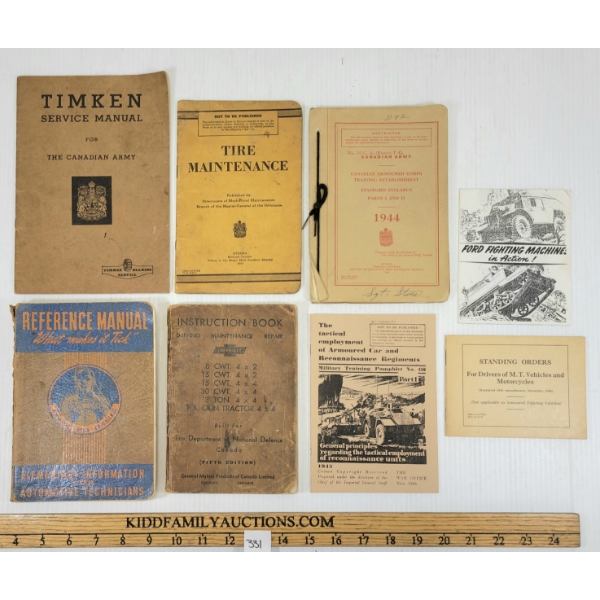 LOT OF 8 - WWII MISC CDN ARMY MANUALS - INCL TIMKEN, TIRE MAINTENANCE, ETC. 