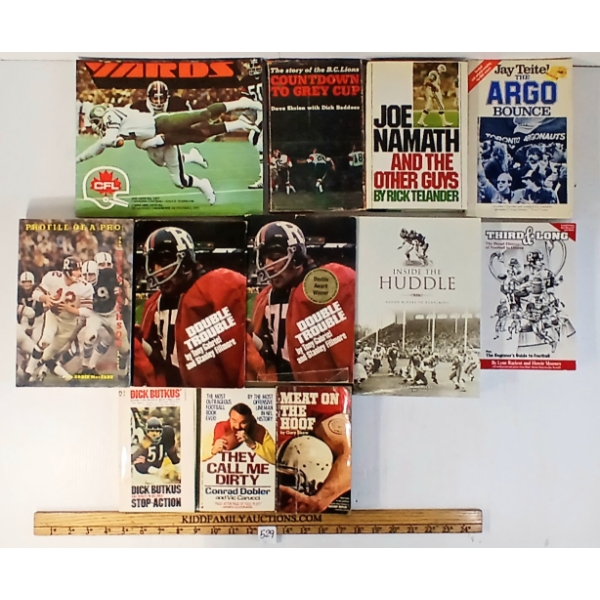 LOT OF 12 - FOOTBALL GUIDES & BOOKS - "MEAT ON THE HOOF", "DOUBLE TROUBLE", "INSIDE THE HUDDLE", ETC