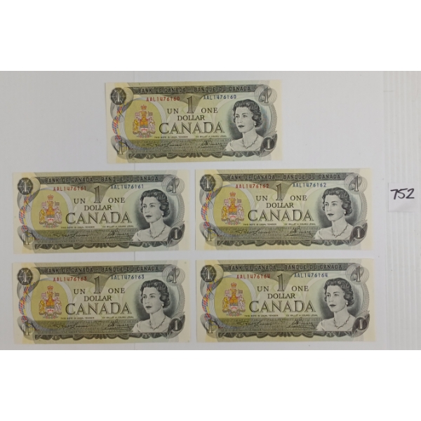 LOT OF 5 - 1973 CDN $1 BANKNOTES - SEQUENTIAL