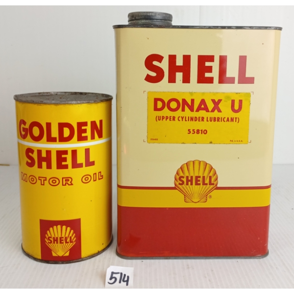 LOT OF 2 - GOLDEN SHELL MOTOR OIL & SHELL DONAX U QT & GAL CANS