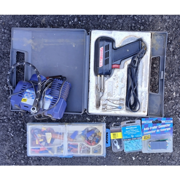 JOB LOT - 12V AIR COMPRESSOR, SOLDERING KIT & ELECTRICAL PARTS