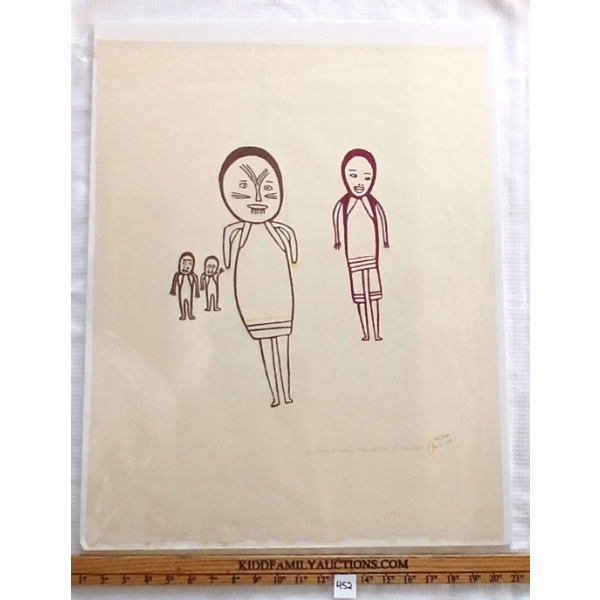 "FAMILY" BY KANANGINAK POOTOOGOOK(1935 - 2010) - MOUNTED STONECUT ON BOARD