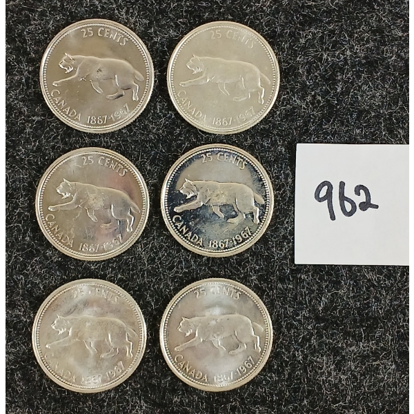 LOT OF 6 - 1967 CDN 25 CENT SILVER COINS