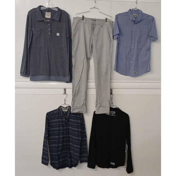 LOT OF 5 - MEN'S BUTTON-UP SHIRTS, SWEATER & PANTS - MFG PENFIELD, WESC, SITKA & CLASSIFIED