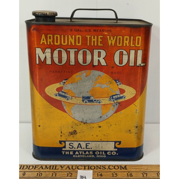 ATLAS MOTOR OIL CAN - AROUND THE WORLD - 2 GAL
