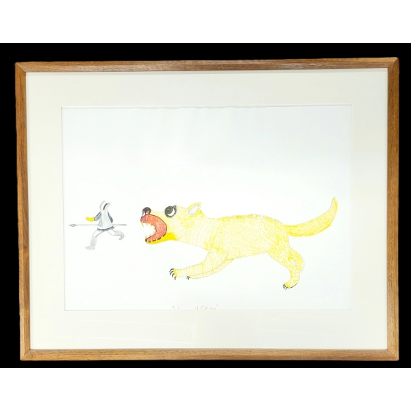ANIMAL CHASING HUNTER - SIGNED - FRAMED COLOURED PENCIL ON PAPER