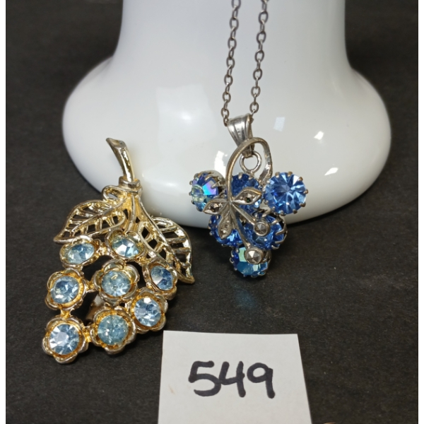LOT OF 2 - BLUE TONED RHINESTONE GRAPE BROOCH & NECKLACE