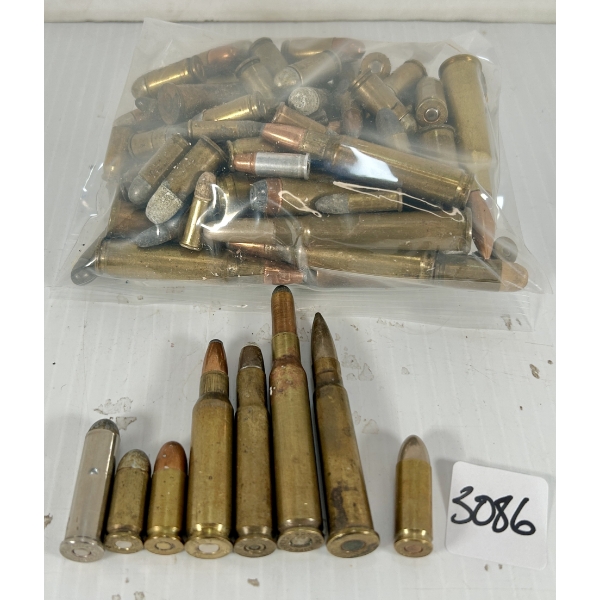 AMMO: APPROX 60X MIXED RIFLE & HANDGUN CARTRIDGES - RELOADS & FACTORY