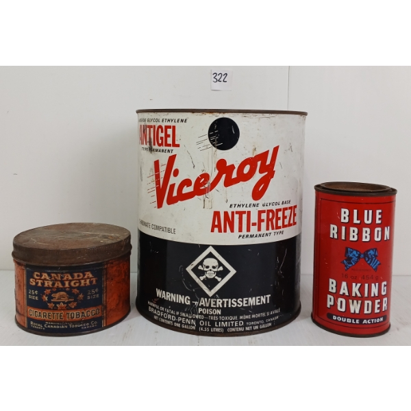 LOT OF 3 - BLUE RIBBON, CANADA STRAIGHT & VICEROY ANTI-FREEZE - AD TINS 