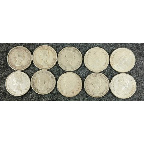 LOT OF 10 - 1940-1966 CDN 25 CENT SILVER COINS