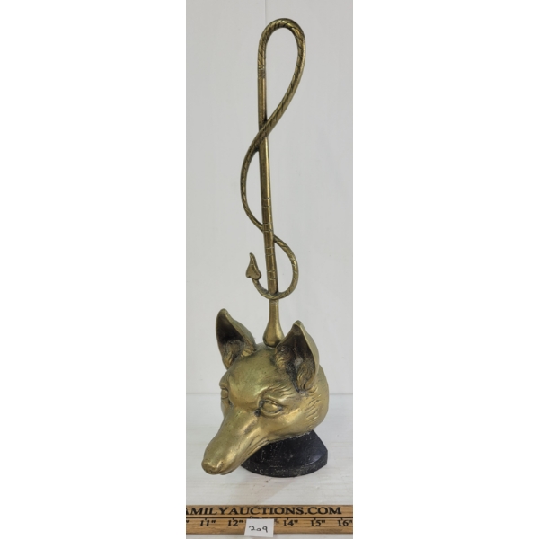 BRASS FOX DOOR STOP - MARKED PEERAGE ENGLAND