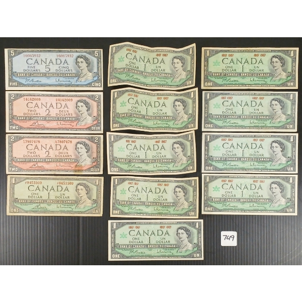 LOT OF 13 - 1954 CDN $1, $2 & $5 BANKNOTES & 1967 CDN $1 BANKNOTES