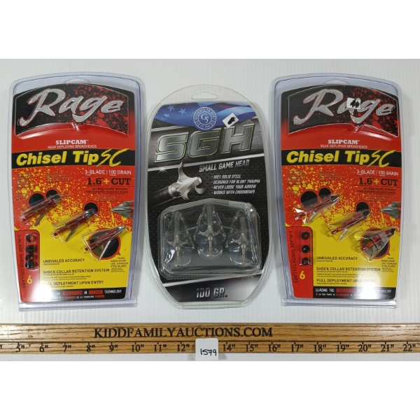 LOT OF 3 - RAGE SLIPCAM & SGH SMALL GAME HEAD BROADHEADS - NIB