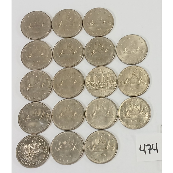 LOT OF 18 - CDN DOLLAR COINS - INCL 1968, 1969 & 1977 ETC