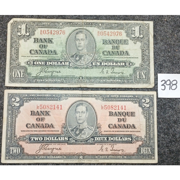 LOT OF 2 - 1937 CDN $1 & $2 BANKNOTES