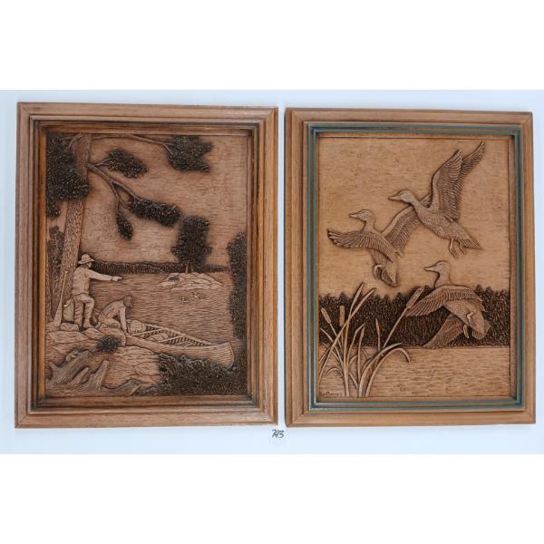 LOT OF 2 - WATER FOWL HUNTING SCENES BY KIM MURRAY(CDN ARTIST) - FRAMED CARVINGS