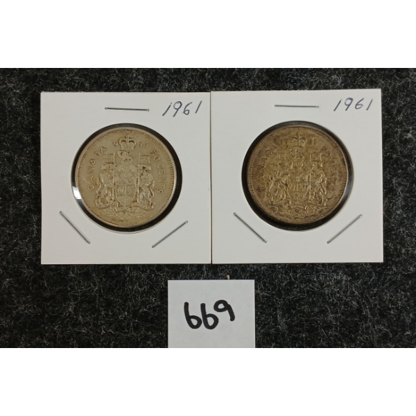 LOT OF 2 - 1961 CDN 50 CENT SILVER COINS