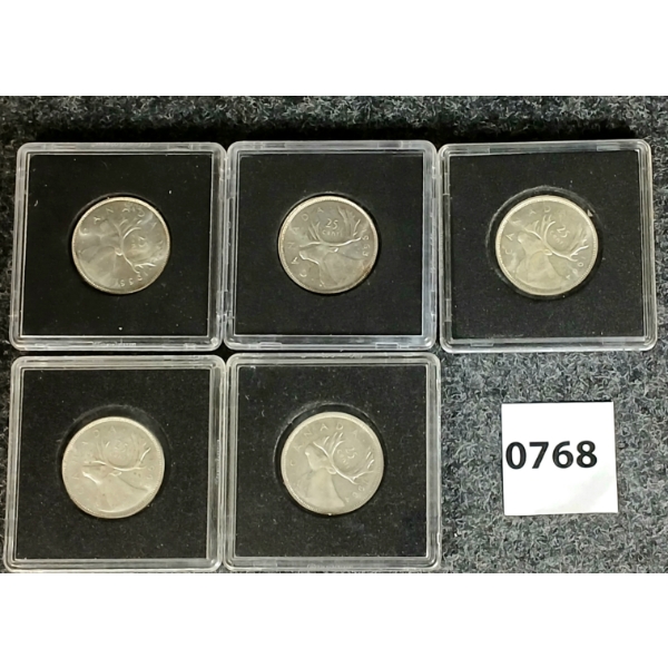 LOT OF 5 - 1964-1966 CDN SILVER 25 CENT COINS 
