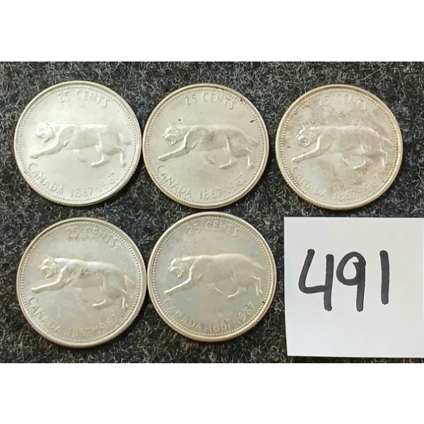 LOT OF 5 - 1967 CDN 25 CENT SILVER COINS