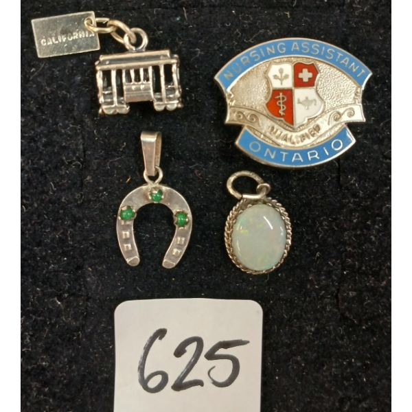 LOT OF 4 - STERLING SILVER PIN & PENDANTS - STREETCAR, HORSESHOE, OPALESQUE, ETC