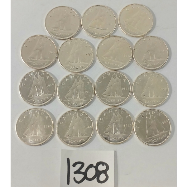LOT OF 15 - 1965 CDN SILVER DIMES