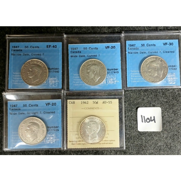LOT OF 5 - 1942 & 1947 CDN SILVER 50 CENT COINS - CCCS & ICCS GRADED