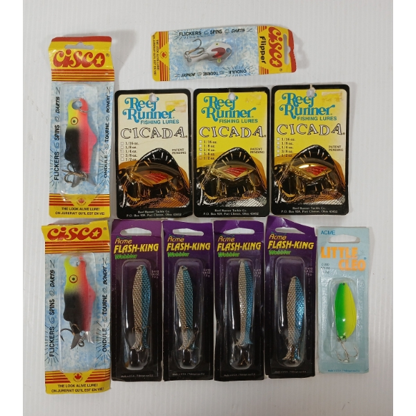 LOT OF 11 - FISHING LURES - INCL ACME. CISCO, REEF RUNNER, ETC