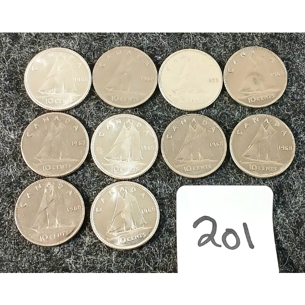 LOT OF 10 - 1959-1968 CDN 10 CENT COINS
