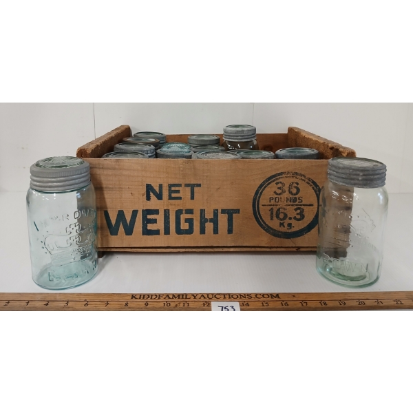 LOT OF 18 - CROWN & IMPROVED CANNING JARS & BALLANTINE CRATE