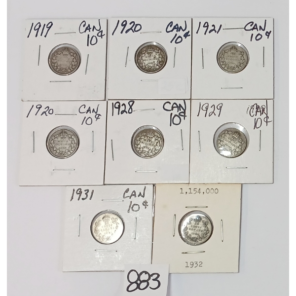 LOT OF 8 - 1919-1932 CDN 10 CENT SILVER COINS