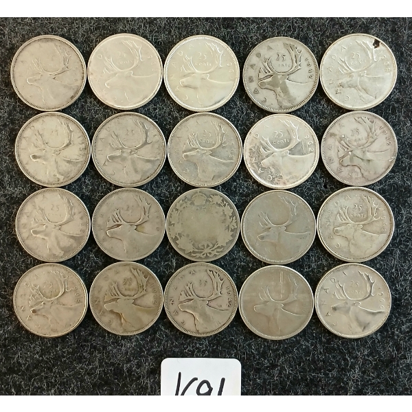 LOT OF 20 - 1942-1968 CDN 25 CENT COINS