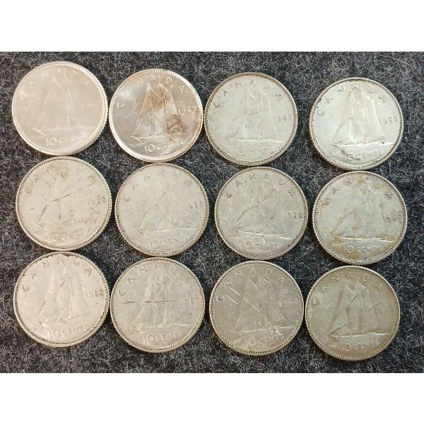 LOT OF 12 - 1962-1968 CDN 10 CENT COINS