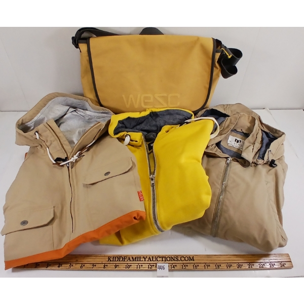 LOT OF 4 - MEN'S HOODIE, JACKETS & HERKEL STYLE BAG - MFG MINIMUM, POLER & WESC